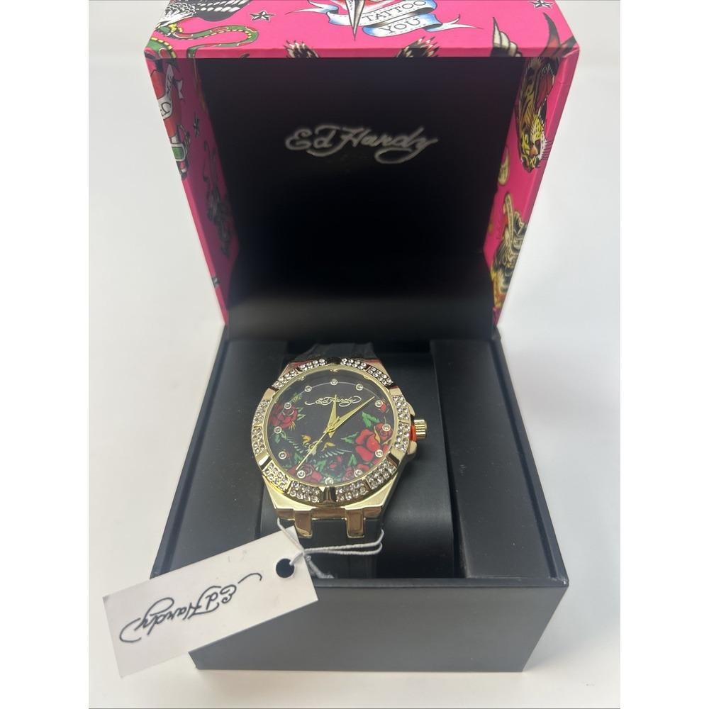 NIB Ed Hardy Women's Gold Crystal Embellished Eagle & Rose Watch ($85 Retail)